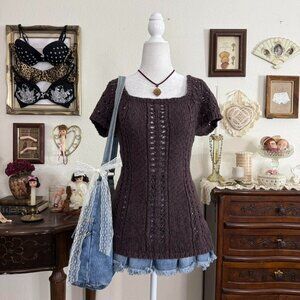 Y2k girly grunge coquette twee brown knit sweater top w cap sleeves